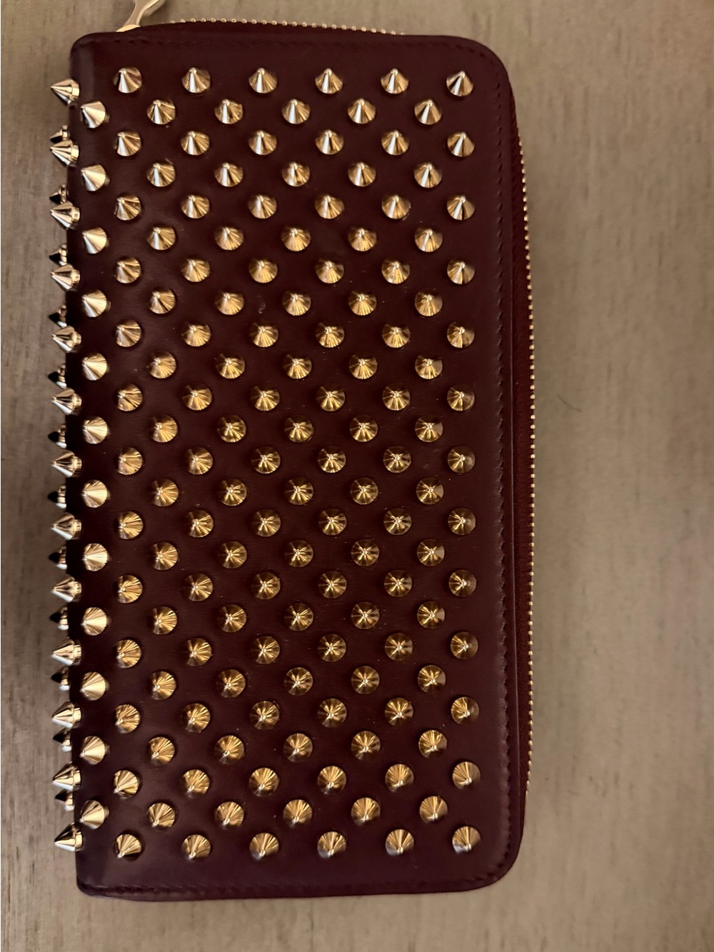 Christian Louboutin Burgundy Spike Zip Wallet with Gold Studs